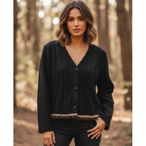 Vtg 80s Black Handmade Chenille Beaded Jacket Blanket Style Womens Size M/L